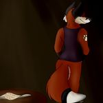  absurd_res anthro bottomless butt canine clothed clothing digital_media_(artwork) fox half-closed_eyes hi_res huffles_the_fox huffles_the_fox_(artist) huffles_the_fox_(character) male mammal rear_view showing simple_background smile solo suggestive table 