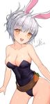  animal_ears bad_id bad_pixiv_id bare_shoulders battle_bunny_riven blush breasts brown_eyes bunny_ears bunnysuit cleavage collarbone dated eyebrows_visible_through_hair highres large_breasts league_of_legends lee_seok_ho no_legwear open_mouth riven_(league_of_legends) short_hair signature silver_hair smile solo 
