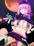  1girl bad_id bad_pixiv_id bangs bikini breasts censored commentary_request fate/grand_order fate_(series) florence_nightingale_(fate/grand_order) full_moon garter_straps gloves green_gloves green_legwear hat hetero highres id_card large_breasts long_hair miniskirt moon mosaic_censoring navel night okuri_banto parted_lips penis pink_hair red_eyes red_moon revealing_clothes sex short_sleeves shrug_(clothing) skirt smile stomach swimsuit syringe thighhighs trick_or_treatment vaginal 