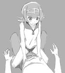  1boy 1girl bare_shoulders belt blush breasts collarbone eyebrows_visible_through_hair grey_background greyscale hairband highres hino_(nanasamib) looking_down lying monochrome nervous npc_trainer on_back one-piece_swimsuit pants pokemon pokemon_sm shirt short_hair simple_background sketch sleeveless sleeveless_shirt small_breasts spread_legs straddling suiren_(pokemon) swimsuit swimsuit_under_clothes wavy_mouth 