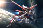  blue_sky cloud flying gun gundam gundam_seed highres holding holding_gun holding_weapon jetpack lens_flare mecha no_humans outdoors planet rifle sky sniper_rifle solo space star_(sky) strike_gundam sun weapon 