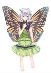 barefoot binan_xian_lu blush brown_eyes closed_mouth eternity_larva eyebrows full_body hand_on_own_chest hidden_star_in_four_seasons short_hair silver_hair sleeveless solo touhou wings yellow_wings 