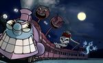  (仮) 2017 animated_skeleton bone clothing cuphead_(game) food fruit ghost grass group half-closed_eyes hat hi_res living_machine machine male monster moon night not_furry open_mouth outside phantom_express pointy_nose pumpkin skeleton smile smoke spirit teeth train undead vehicle video_games wings yellow_eyes 