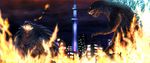  city crossover dinosaur energy fire gamera gamera_(series) giant_monster glowing godzilla godzilla_(series) green_eyes kaijuu monster night no_humans tokyo_skytree turtle tusks white_eyes 