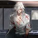  blood blood_on_face bloody_clothes cigarette collarbone edmond_dantes_(fate/grand_order) fate/grand_order fate_(series) hand_in_pocket jacket jacket_removed juer1004 long_hair long_sleeves looking_at_viewer male_focus open_clothes open_shirt parted_lips shirt silver_hair solo wavy_hair yellow_eyes 