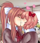  2girls bangs blurry_background blush brunette_hair collared_blouse doki_doki_literature_club eyebrows_visible_through_hair eyes_closed hair_accessory hair_bow hair_ribbon heart jacket kiss long_hair monika_(doki_doki_literature_club) multiple_girls neck_ribbon pink_hair sayori_(doki_doki_literature_club) school_uniform shirt short_hair stuffed_animal yuri 