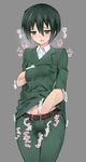  1girl belt black_hair blush debutya_aki dress_shirt fingering frown grabbing grabbing_from_behind green_eyes hand_under_clothes kino kino_no_tabi molestation pants sfx short_hair simple_background suit sweat tomboy 