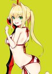  :d aestus_estus ahoge ass back bare_shoulders bikini blonde_hair breasts earrings fate/grand_order fate_(series) green_background green_eyes green_nails jewelry long_hair looking_at_viewer medium_breasts nail_polish nero_claudius_(fate)_(all) nero_claudius_(swimsuit_caster)_(fate) open_mouth pinch_(nesume) sideboob simple_background smile solo striped striped_bikini swimsuit teeth twintails 