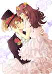  1girl black_hat brown_hair cardia_beckford code:realize cravat dress eye_contact formal frilled_dress frills gears glasses green_eyes hand_on_another's_face hat head_wreath hetero long_hair looking_at_another nashisakura_(rio) suit victor_frankenstein_(code:realize) white_dress 