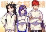  2girls black_hair breast_hold breasts crossed_arms earrings emiya_shirou fate/grand_order fate_(series) gradient gradient_background ishtar_(fate/grand_order) jewelry limited/zero_over long_hair matou_sakura medium_breasts multiple_girls orange_hair otama_(atama_ohanabatake) pantyhose parvati_(fate/grand_order) purple_eyes purple_hair red_eyes ribbed_sweater sandwiched simple_background sweater toosaka_rin turtleneck turtleneck_sweater twintails unamused yellow_eyes 