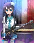  amplifier bangs black_hair blue_eyes blue_ribbon blue_skirt blush cowboy_shot electric_guitar guitar hair_between_eyes holding holding_instrument instrument juliet_sleeves les_paul long_hair long_sleeves looking_at_viewer low_twintails original pleated_skirt puffy_sleeves ragho_no_erika ribbon school_uniform serafuku skirt smile solo thighhighs twintails white_legwear 