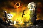  2017 animate_inanimate armor clothing crossover cuphead_(character) cuphead_(game) dark_souls duo female fire hair hi_res human humanoid jazzjack knight male mammal melee_weapon not_furry object_head signature sitting sword video_games weapon white_hair 