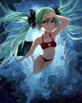  air_bubble aqua_eyes aqua_hair arm_up armpits bare_legs barefoot bikini breasts bubble cleavage cleavage_cutout diving foreshortening full_body hair_between_eyes hair_ornament hair_scrunchie hand_on_forehead hatsune_miku highres leg_up leiq long_hair looking_at_viewer navel outdoors parted_lips red_bikini rock school_of_fish scrunchie small_breasts smile solo stomach submerged swimsuit twintails underwater very_long_hair vocaloid 