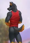  anthro bottomless butt canine clothed clothing katarhein male mammal morning shirt solo t-shirt wolf 