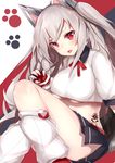  absurdres animal_ears azur_lane belt black_skirt braid breasts claw_pose commentary_request crop_top eyebrows_visible_through_hair fang fingerless_gloves gloves heart highres large_breasts long_hair looking_at_viewer midriff nail_polish nanakaku open_mouth paw_print pleated_skirt red_belt red_eyes red_gloves red_ribbon ribbon school_uniform shirt short_sleeves silver_hair simple_background sitting skirt slit_pupils solo tail tattoo underboob white_legwear white_shirt yuudachi_(azur_lane) 