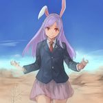  :q animal_ears blue_sky bunny_ears closed_mouth collared_shirt commentary_request cookie_(touhou) cowboy_shot day desert eyebrows_visible_through_hair hisui_(cookie) long_hair long_sleeves looking_at_viewer necktie outdoors pleated_skirt purple_hair purple_skirt red_eyes red_neckwear reisen_udongein_inaba shirt skirt sky solidstatesurvivor solo standing tongue tongue_out touhou walking white_shirt 