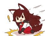  1girl :d animal_ear_fluff animal_ears brown_hair chibi dress full_body hand_on_own_knee imaizumi_kagerou jumping landing long_hair long_sleeves looking_at_viewer one_knee open_mouth simple_background smile solo tail touhou triangle_mouth v-shaped_eyebrows very_long_hair white_background wolf_ears wolf_tail wool_(miwol) 
