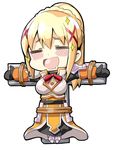  :d =_= armor armored_boots armored_dress bangs belt black_bodysuit blush_stickers bodysuit boots bound bound_arms bound_legs bracer braid breastplate chibi closed_eyes commentary_request cross crown_braid crucifixion darkness_(konosuba) dot_nose dress ekakibito eyebrows_visible_through_hair eyes_visible_through_hair facing_viewer fantasy faulds full_body hair_ornament head_tilt high_collar kono_subarashii_sekai_ni_shukufuku_wo! long_hair long_sleeves masochism open_mouth orange_dress parted_bangs ponytail restrained rope shoulder_armor simple_background smile solo sparkle spaulders tied_up white_background x_hair_ornament |d 