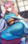  1girl bangs blue_eyes breasts earrings eyebrows_visible_through_hair fire_emblem fire_emblem_heroes flower full_body fur_trim gradient_hair gunnthra_(fire_emblem) hair_flower hair_ornament highres holding holding_sword holding_weapon indoors japanese_clothes jewelry katana kimono kokouno_oyazi long_hair long_sleeves looking_at_viewer lying medium_breasts multicolored_hair nintendo no_hat no_headwear obi on_side pink_hair rose sash smile snowflake_print solo sword tree weapon wide_sleeves window 