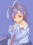  animal_ears bangs blue_background blue_shirt bunny_ears child closed_mouth collared_shirt crying crying_with_eyes_open hair_between_eyes long_hair looking_at_viewer loose_clothes loose_shirt necktie purple_hair red_eyes red_neckwear reisen_udongein_inaba shirt simple_background snot solidstatesurvivor solo tears touhou younger 