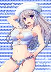 :d belt blue_background blue_shorts bow breasts bursting_breasts character_request cilfy cleavage_cutout copyright_request cowboy_shot grey_hair hand_on_hip hat hat_bow large_breasts long_hair looking_at_viewer micro_shorts navel no_panties open_mouth purple_eyes shiny shiny_skin shorts smile solo star striped striped_background white_hat 