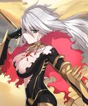  absurdres bangs bodysuit breasts closed_mouth collar commentary_request day expressionless eyebrows_visible_through_hair fate/apocrypha fate/grand_order fate_(series) floating_hair from_side genderswap genderswap_(mtf) green_eyes grey_hair hair_between_eyes highres holding holding_weapon k_jin karna_(fate) large_breasts long_hair looking_at_viewer outdoors polearm shawl solo spiked_collar spikes tsurime upper_body weapon 