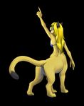  abluedeer black_background blonde_hair bottomless bra breasts chakat chakona_space clothed clothing cougar dipstick_tail feline female fur goldfur hair mammal multicolored_tail open_mouth rear_view simple_background solo taur underwear yellow_fur 