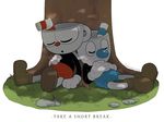  2017 animate_inanimate clothing cuphead_(character) cuphead_(game) cupsndmugs duo english_text eyes_closed footwear gloves grass humanoid male mugman not_furry object_head sibling sleeping text video_games 