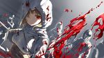  altair_ibn_la-ahad assassin's_creed_(series) attacking_viewer bilibili_douga blood blood_splatter bloody_clothes brown_hair cloak closed_mouth expressionless foreshortening genderswap highres holding holding_sword holding_weapon hood hood_up hooded_jacket jacket long_hair long_sleeves looking_at_viewer mianbaoshi_mengxiang one_eye_covered people perspective pov red_eyes sash slashing soldier solo_focus sword weapon white_cloak 