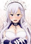  azur_lane belfast_(azur_lane) blue_eyes blush breasts cleavage collarbone eyebrows_visible_through_hair highres jewelry kanzaki_kureha large_breasts long_hair looking_at_viewer maid_headdress open_mouth ring silver_hair smile solo wedding_band 