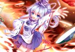  blue_eyes blush breasts long_hair long_sleeves looking_away medium_breasts mononobe_no_futo moseley open_mouth ponytail silver_hair solo spell_card touhou 