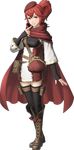  3d anna_(fire_emblem) bangs belt_pouch beret black_legwear boots breasts cape cloak fingerless_gloves fire_emblem fire_emblem_musou full_body game_model gloves hat highres lips long_hair looking_at_viewer medium_breasts official_art ponytail pouch red_eyes red_hair smile solo standing thigh_pouch thighhighs transparent_background wallet zettai_ryouiki 