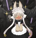  1other @_@ animal_ears apron bangs blush blush_stickers bondrewd commentary_request ears_through_headwear embarrassed eyebrows_visible_through_hair fang fur furry hat jong_tu long_hair looking_at_viewer made_in_abyss maid maid_apron maid_headdress nanachi_(made_in_abyss) nose_blush open_mouth pouch sparkle sweat whiskers white_hair yellow_eyes 