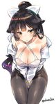  akaza azur_lane bangs between_legs black_hair blunt_bangs blush bow breasts cleavage closed_mouth collarbone commentary_request criss-cross_halter eyebrows_visible_through_hair hair_bow hair_flaps halterneck hand_between_legs highres hips jacket large_breasts leaning_forward light_frown long_hair looking_at_viewer open_clothes open_jacket pantyhose ponytail sidelocks simple_background solo swimsuit takao_(azur_lane) thighband_pantyhose thighs tsurime twitter_username very_long_hair white_background white_bow white_swimsuit yellow_eyes 