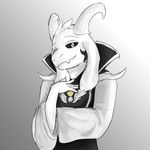  2017 anthro asriel_dreemurr black_clothing black_sclera caprine clothing curved_horn digital_media_(artwork) dmmonty floppy_ears fur general: goat god_of_hyperdeath hair head_tuft hi_res horn humanoid_hands long_ears looking_at_viewer male mammal one_eye_closed portrait raised_eyebrow robe seductive simple_background smile solo undertale video_games white_fur 