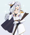  belt black_choker blue_eyes blush breasts choker cleavage collarbone commentary curie earrings gloves gun hat holding holding_gun holding_weapon jewelry large_breasts long_sleeves looking_at_viewer open_mouth original smile solo weapon white_gloves white_hair white_hat 
