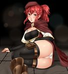  anna_(fire_emblem) ass beret boots breasts cameltoe cape cleavage cloak eyebrows_visible_through_hair fingerless_gloves fire_emblem fire_emblem_musou gloves hat large_breasts open_mouth panties ponytail red_eyes red_hair skindentation solo stone_floor thigh_pouch thighhighs twrlare underwear white_panties 