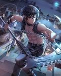  abs artist_name black_choker black_hair choker closed_mouth cloud eyebrows_visible_through_hair holding holding_weapon horns looking_at_viewer male_focus moon muscle night original outdoors red_eyes roang scythe shinigami shirtless toned toned_male weapon 