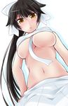  azur_lane black_hair blush bow breasts brown_eyes from_below hair_bow hand_on_hip ichimi large_breasts long_hair looking_at_viewer navel open_mouth ponytail sarashi skirt solo takao_(azur_lane) underboob 