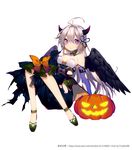  1girl :d ahoge black_dress black_gloves black_wings blue_gloves breasts dress earrings elbow_gloves food_themed_earrings full_body gloves halloween horns jack-o'-lantern jewelry long_hair looking_at_viewer noah_fantasy official_art open_mouth prophet_chu pumpkin_earrings purple_eyes sitting small_breasts smile watermark web_address wings 