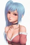  bangs bare_shoulders black_choker black_neckwear blue_hair blush breasts choker cleavage closed_mouth collarbone commentary commission eyelashes head_tilt highres lips looking_at_viewer medium_breasts miura-n315 nose_blush off-shoulder_shirt original red_eyes shirt short_sleeves simple_background solo upper_body white_background 