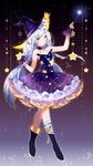  bare_shoulders braid bunny dress fingerless_gloves full_body gloves halloween halterneck hat highres hmniao light_blue_hair long_hair looking_at_viewer original smile solo star star_print twin_braids very_long_hair wand witch_hat yellow_eyes 