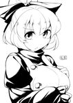  :/ bangs blush bow breasts closed_mouth eyebrows_visible_through_hair fun_bo greyscale hair_bow hand_on_own_chest juliet_sleeves kurodani_yamame large_breasts long_sleeves looking_at_viewer monochrome puffy_sleeves short_hair simple_background solo touhou upper_body white_background 