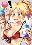  1girl bad_id bad_pixiv_id bikini_top blonde_hair blush breasts fate/apocrypha fate/grand_order fate_(series) food green_eyes grey_background ice_cream ice_cream_cone looking_down mordred_(fate) mordred_(fate)_(all) nipples open_mouth ponpoko red_bikini_top short_hair simple_background sketch small_breasts solo upper_body wardrobe_malfunction 