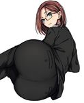  ass black_pants blue_eyes brown_hair business_suit buttons commentary_request earrings formal from_behind glasses highres jewelry legs_together looking_at_viewer looking_back lying office_lady on_side open_mouth original pants sblack simple_background solo suit white_background 