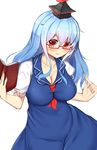  bespectacled blue_hair book breasts cleavage collarbone commentary_request glasses hat highres holding holding_book kamishirasawa_keine large_breasts long_hair looking_at_viewer puffy_short_sleeves puffy_sleeves red_eyes short_sleeves smile solo tokoya_(ex-hetare) touhou 