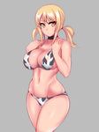  :/ animal_print bare_shoulders bikini black_choker blonde_hair breasts choker cleavage closed_mouth cow_print cowboy_shot curvy expressionless fairy_tail forearms_at_chest grey_background groin halter_top halterneck hevn highres large_breasts looking_at_viewer low_twintails lucy_heartfilia navel print_bikini simple_background solo stomach swimsuit twintails v-shaped_eyebrows yellow_eyes 