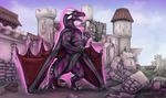  2017 7_horns aura black_scales black_skin cart castle claws cloud digital_media_(artwork) dragon feral folded_wings front_view glowing hi_res horn looking_aside male membranous_wings multi_horn open_mouth orange_eyes outside purple_skin purple_stripes purple_tongue red_scales red_skin ruin saliva scales scalie sharp_teeth sky solo spikes standing stripes teeth tochka toe_claws venio western_dragon white_horn white_scales wings 