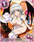  artist_request braid breasts card_(medium) character_name chess_piece covered_nipples crossed_legs demon_wings grayfia_lucifuge grey_eyes high_school_dxd high_school_dxd_infinity large_breasts lipstick maid_headdress makeup official_art queen_(chess) red_lipstick silver_hair teapot thighhighs trading_card twin_braids wings wrist_cuffs 