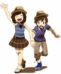  1girl alternate_costume bangs black_hair closed_eyes hat highres holding_hands mizuki_(pokemon) open_mouth pants pleated_skirt pokemon pokemon_(game) pokemon_sm shirt short_hair skirt smile striped striped_shirt swept_bangs t-shirt toshiharu_(s_narutoshi) you_(pokemon) 